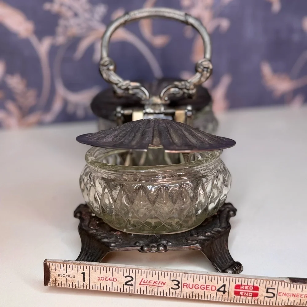 Antique 1900s Shell Shaped Silver Toned Double Salt Cellar with Cut Glass READ